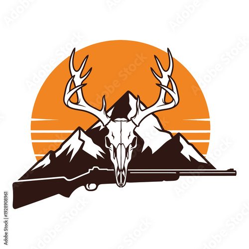 Deer skull with antlers and rifle on mountain landscape with sunset icon