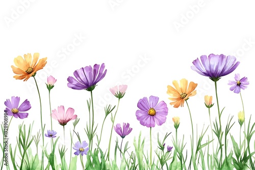 Beautiful watercolor illustration of vibrant wildflowers in various colors on a white background