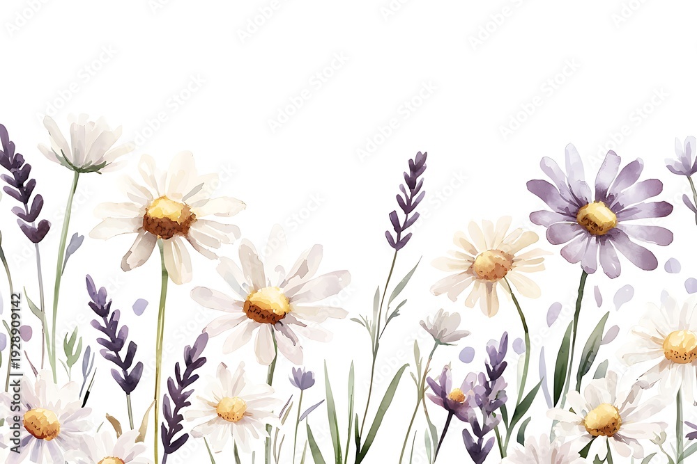 Fototapeta premium Beautiful Floral Arrangement with White Daisies and Lavender on a Bright Background