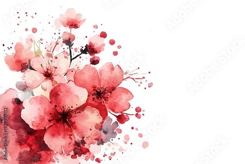 Elegant Cherry Blossom Watercolor Artwork with Soft Pink and Red Petals on White Background