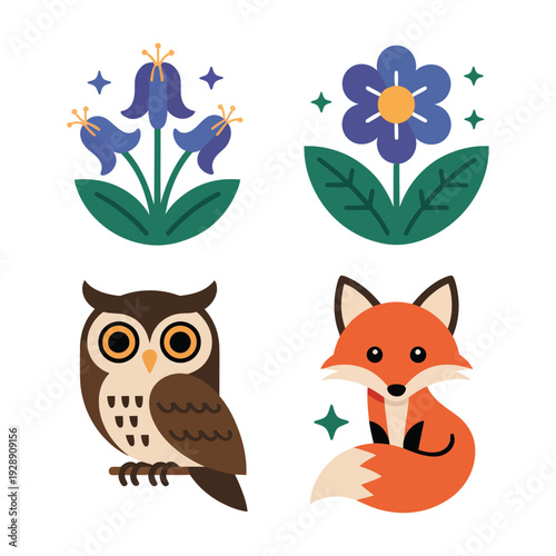 Owl and fox with wildflowers, woodland animal icon set for autumn festival poster, kids birthday invite, camping party design
