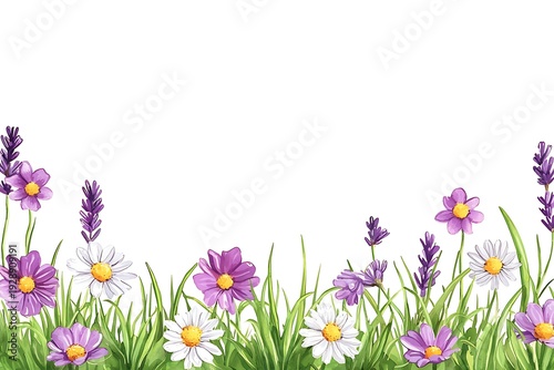 Vibrant Purple and White Flowers in Lush Green Grass for Creative Design Background