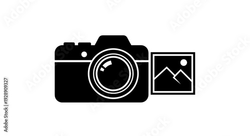 Black and white camera icon graphic.