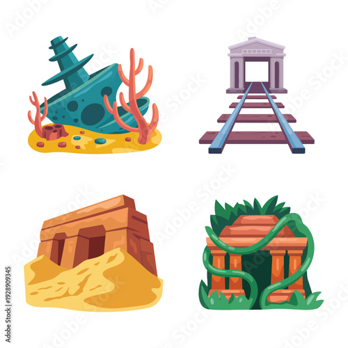 Adventure ruins icons, rail track, shipwreck, canyon rock, expedition festival poster, archaeology talk session, treasure trail map for families
