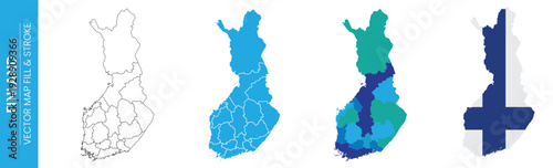 Illustrations of Finland including a political map with internal divisions and the national flag. Ideal for geographic presentations and informational content.