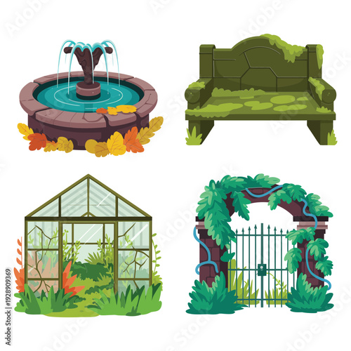 Botanical fair set, central fountain, glasshouse conservatory, ivy covered gate arch, spring plant sale poster, garden workshop session vector