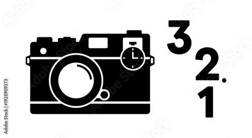 Black and white camera icon graphic.