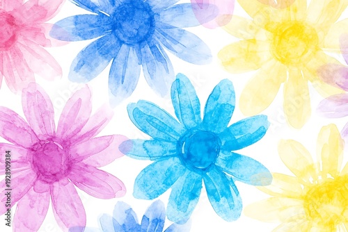 Colorful watercolor flower pattern in vibrant pink, blue, and yellow hues for design projects