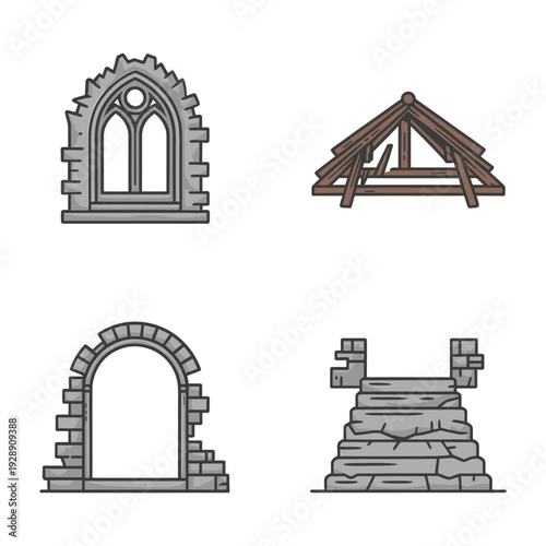 Gothic arch window and stone stair silhouette collection, medieval architecture line icons for castle renovation plans, blueprint, engraving design