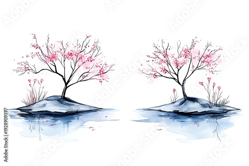 Serenity in Nature with Two Cherry Blossom Trees Reflected in Tranquil Water Landscape