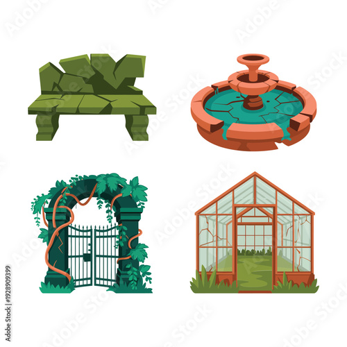 Garden festival elements, stone bench, circular fountain, ornate greenhouse, iron gate, spring open garden day poster, horticulture tour session vector