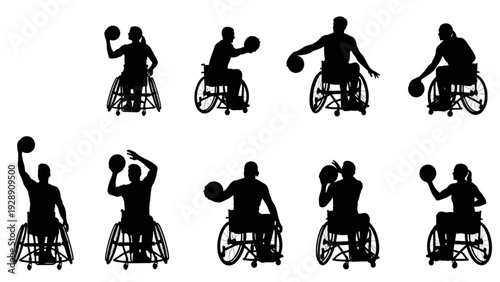 Silhouette of athletes playing basketball in wheelchairs, action shots