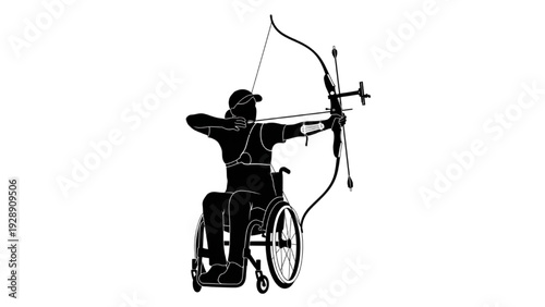 Silhouette of a person in a wheelchair practicing archery