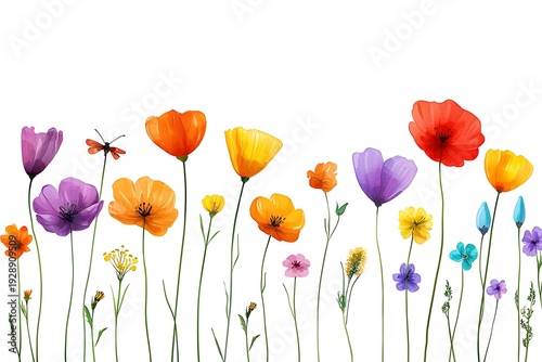Vibrant Wildflowers Blooming in Colorful Fields on a Bright White Background