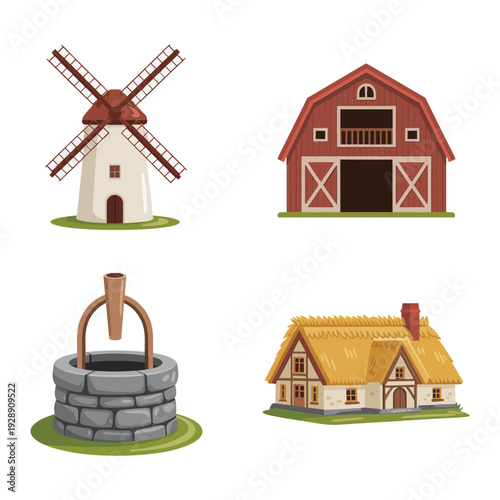 Windmill, barn, stone well and thatched cottage icons, farm vector set for harvest festival poster, agriculture education, countryside branding design