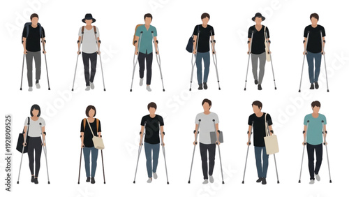 People with walking sticks and crutches, vector illustrations of mobility aids