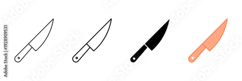 Set of minimalist kitchen knife icons with transparent background, depicting utensils for food preparation, cooking, and culinary activities, vector illustration
