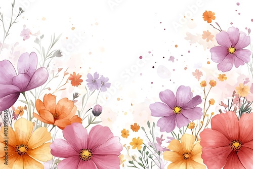 Colorful Floral Arrangement with Soft Pastel Flowers and Delicate Vines on White Background