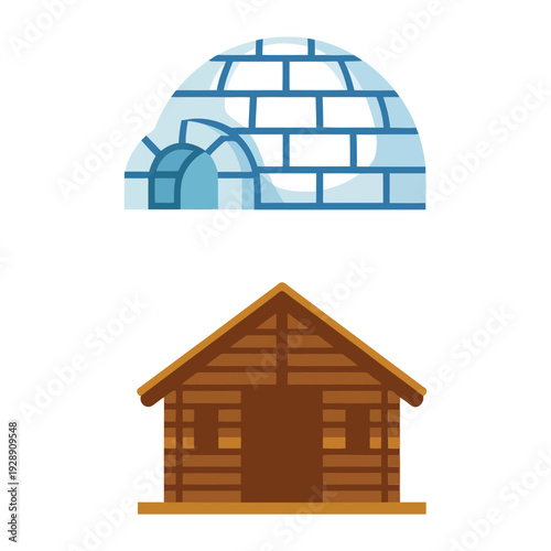 Igloo and wooden alpine cabin icons, winter shelter vector set for mountain travel poster, ski resort branding, arctic expedition education