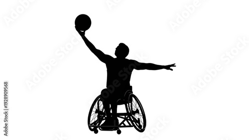 Silhouette of a person in a wheelchair playing basketball reaching for a shot
