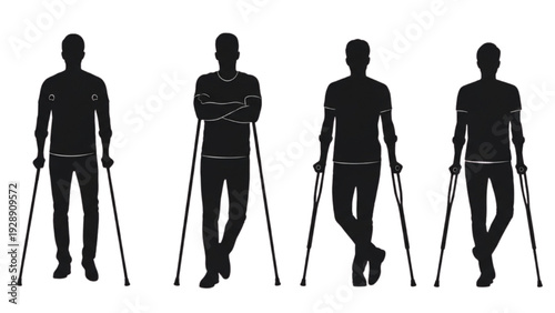 Silhouette figures of men using crutches in various poses and stances
