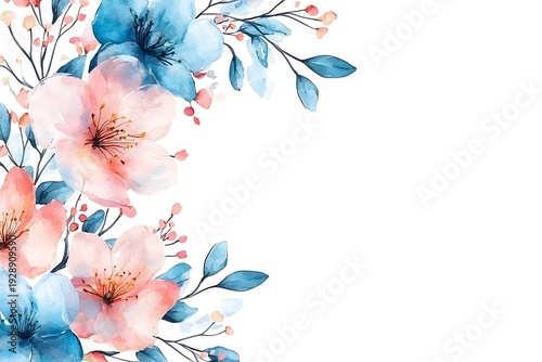 Soft Watercolor Floral Arrangement with Blue and Pink Petals on White Background