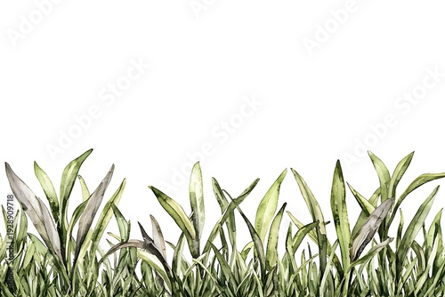 Lush Green Grass and Leaves Against a Clean White Background for Nature-Themed Projects