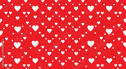 White hearts of varying sizes are scattered across a vibrant red background, creating a lively and romantic pattern. The image conveys a tone of love and affection.