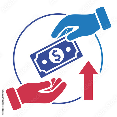 Hands exchanging money with upward arrow in circle symbolizing growth and finance icon