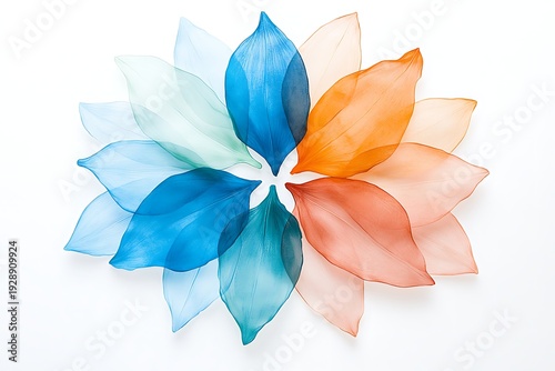 Colorful Transparent Leaves Arranged in a Circular Pattern on a White Background