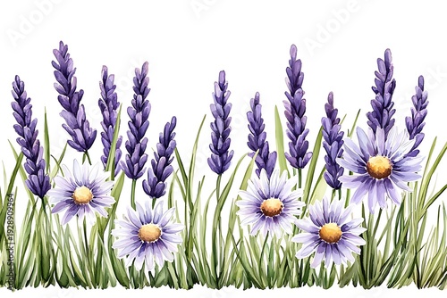 Beautiful Lavender and Daisy Flowers in a Vibrant Green Field Illustration