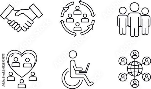 Social Collaboration and Accessibility Icons Set with Handshake Community Network and Inclusion