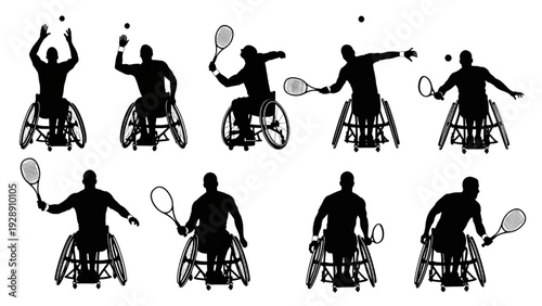 Collection of Dynamic Silhouettes Adaptive Athletes Playing Wheelchair Tennis and Juggling