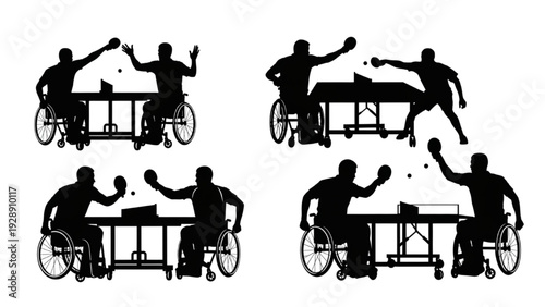 Wheelchair table tennis players playing a competitive match, silhouettes