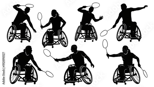 Wheelchair Badminton Player Silhouettes in Dynamic Action Poses