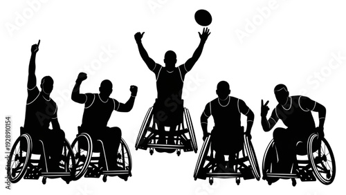 Dynamic silhouette illustration of men playing wheelchair basketball, showcasing competitive spirit and teamwork