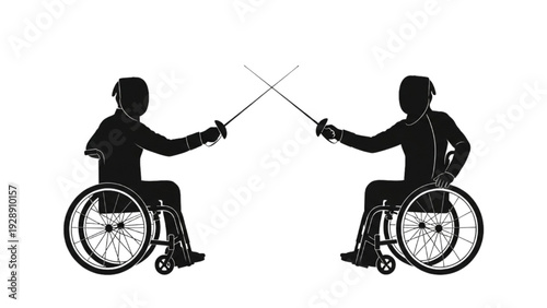 Wheelchair fencing duel Two athletes compete in a stylized silhouette illustration