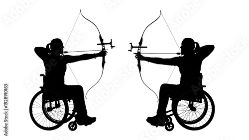 Two people in wheelchairs aiming with bows and arrows in silhouette