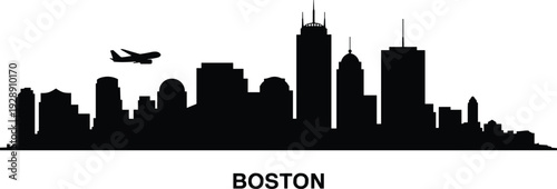 Boston city skyline silhouette with airplane and iconic skyscrapers isolated on white background, minimalist urban cityscape illustration for travel, tourism, aviation, and branding design.