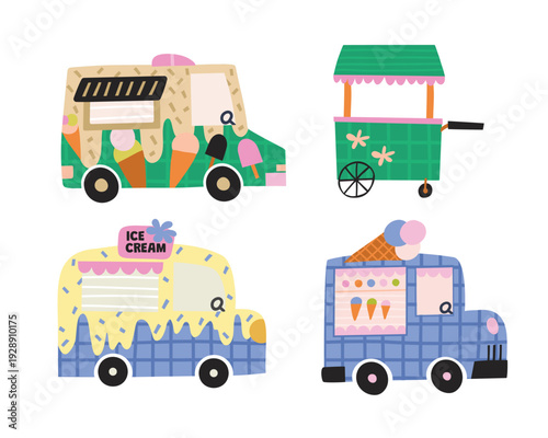 Colorful Ice Cream Truck Collection Illustration. This vector set is great for packaging, posters, kids decor and food branding.