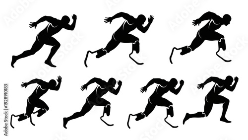 Runner with prosthetic leg, action poses sequence, athletic disabled person