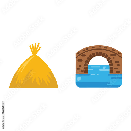 Country haystack and arched stone bridge vector icons for harvest season banner, rural festival, village fair, travel illustration design