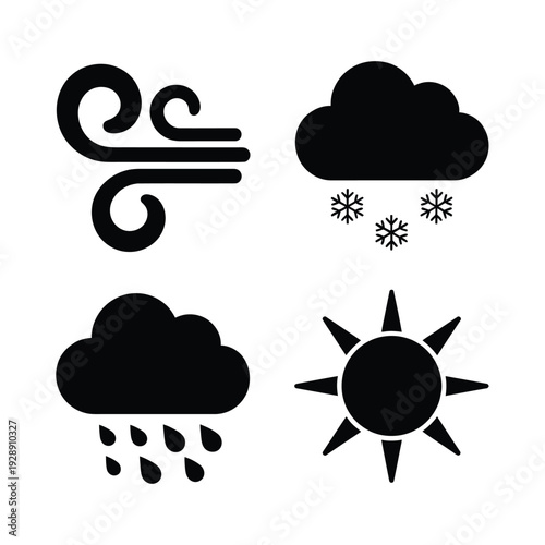Weather symbol set with wind swirl, rain cloud, snowflake and bright sun for forecast app, climate poster, seasonal banner design