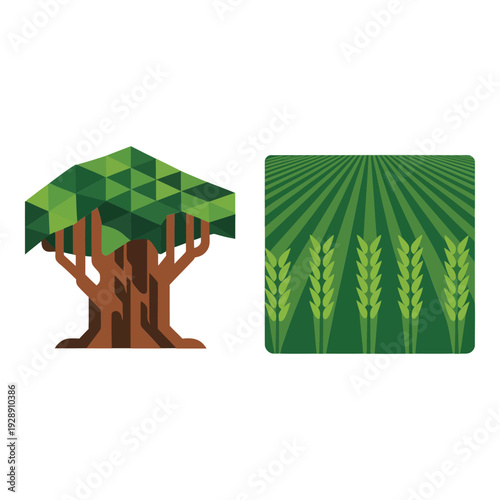 Green farmland and tree landscape vector set, agriculture background illustration for eco farming poster, village harvest season banner design template