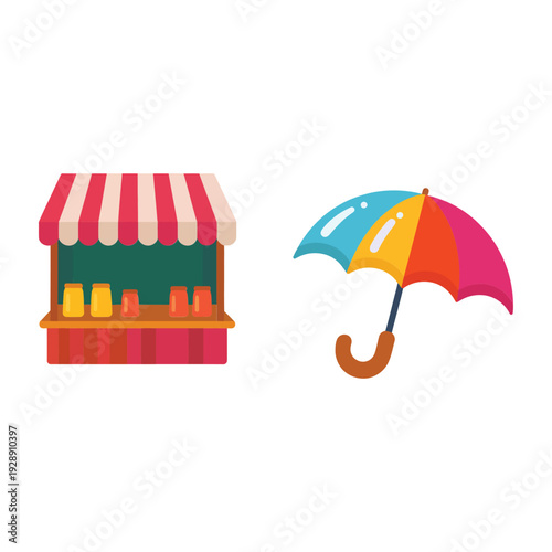 Colorful street market stall with striped canopy and umbrella, fair festival vector illustration for summer season food event promotion