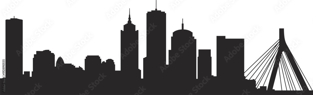 Obraz premium Boston city skyline silhouette with Zakim Bridge and modern skyscrapers isolated on white background, minimalist urban cityscape illustration for travel, tourism, and business design.