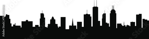 Chicago city skyline silhouette with iconic downtown skyscrapers and landmark towers isolated on white background, detailed urban cityscape illustration for travel, tourism, architecture branding