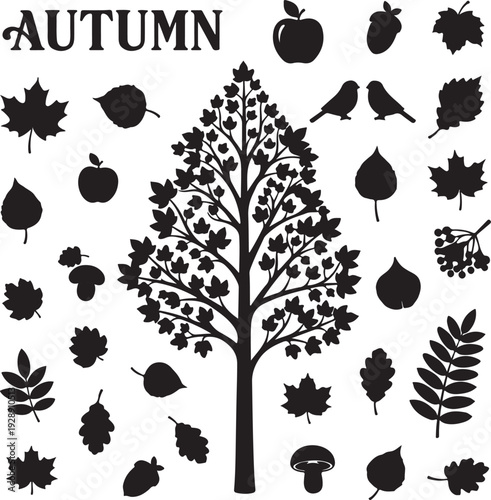 Collection of autumn-themed black and white silhouette illustrations featuring maple leaves, fruits, birds, mushrooms, and trees