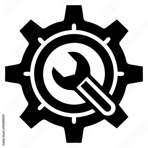 Black and white icon featuring a wrench centered inside a cogwheel representing machinery maintenance or technical support concepts.