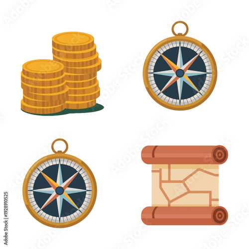 Navigation and treasure hunt icons with compass, gold coins, antique map scroll for adventure camp, travel festival poster, exploration design